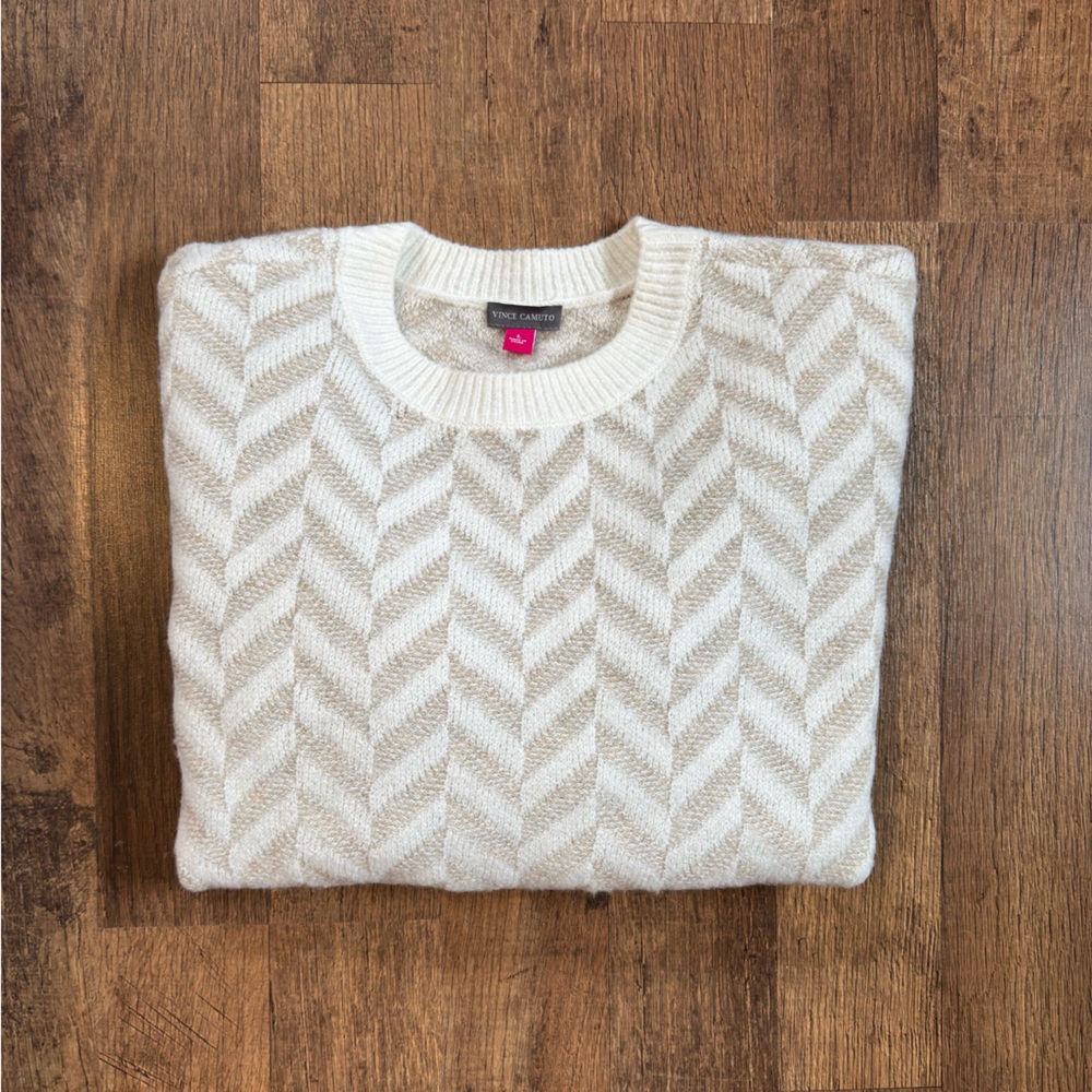 Vince Camuto Cream and Tan Chevron Knit Sweater